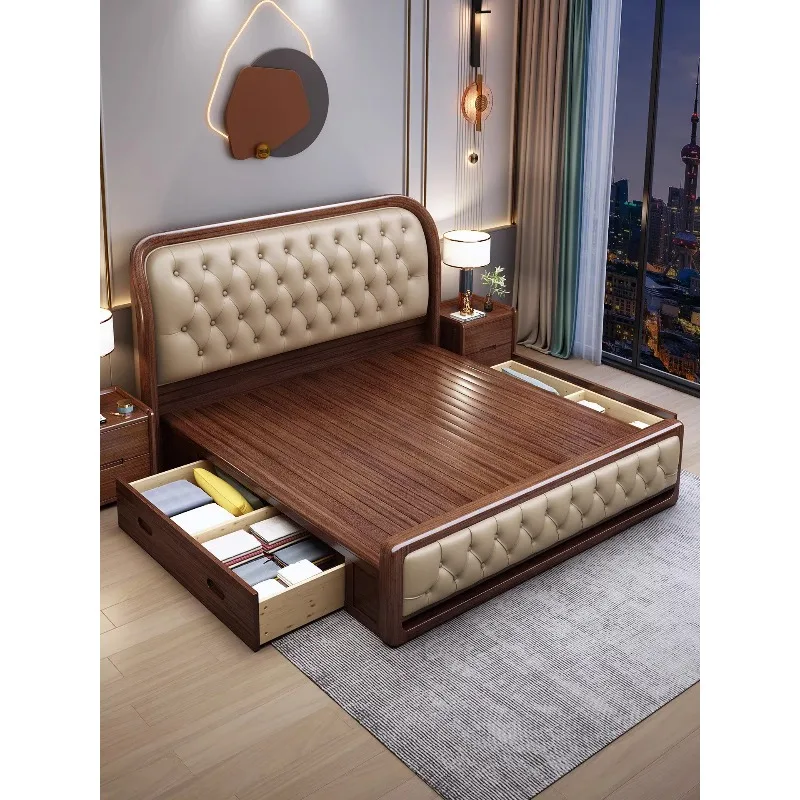 

Solid wood bed leather soft bag double storage bed master bed