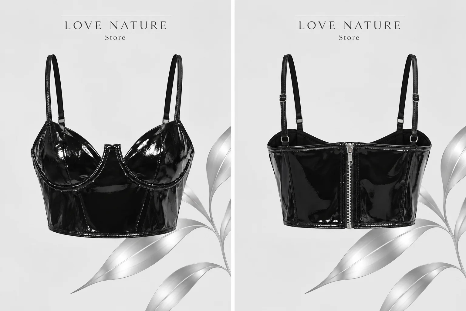 【LOVE NATURE Store】Women’s Black Patent Leather Corset Top, Underwire Bustier Crop Top