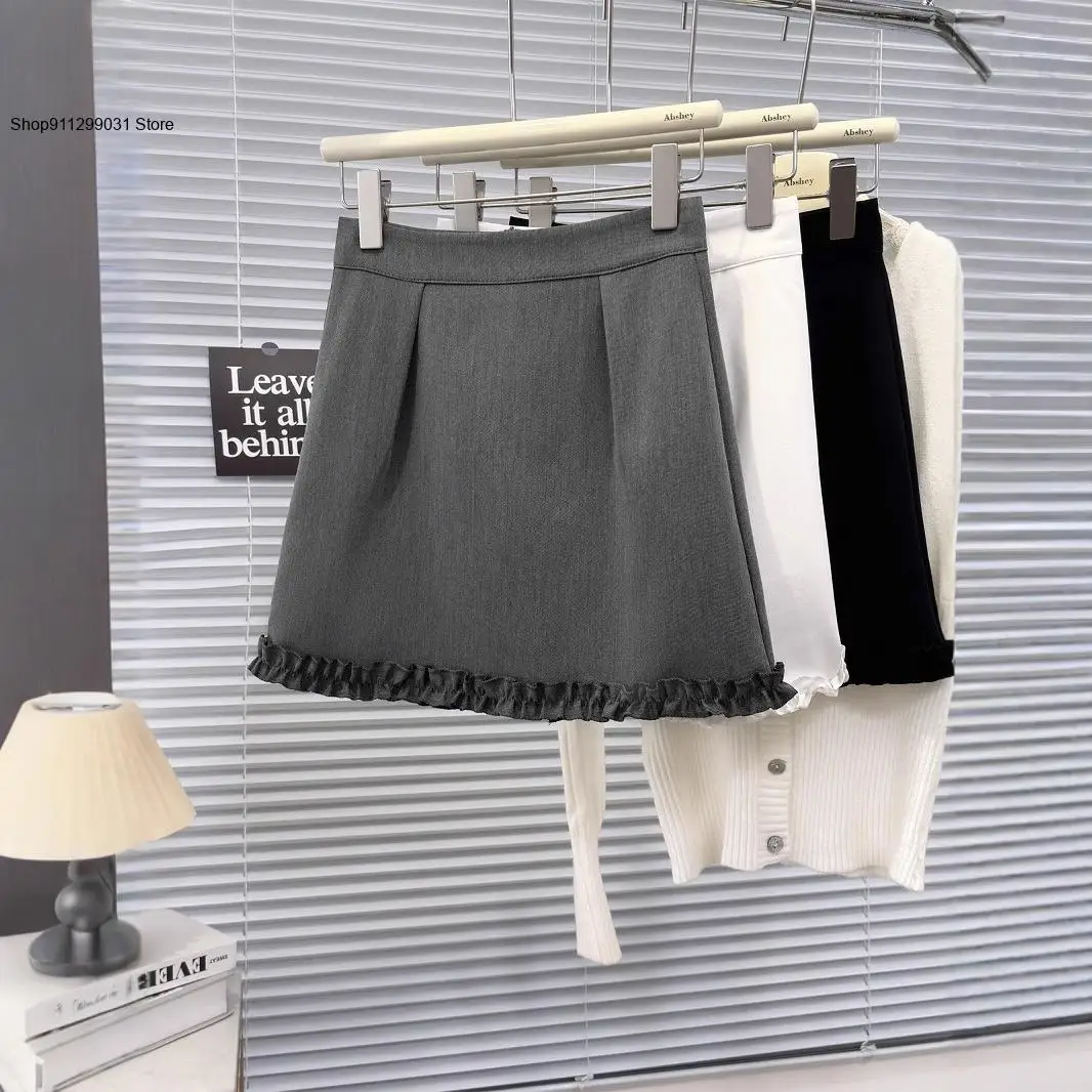 Spring and Autumn Design Sense Western Material Gray College Wind Pressure Pleated Lace Short Skirt for Women