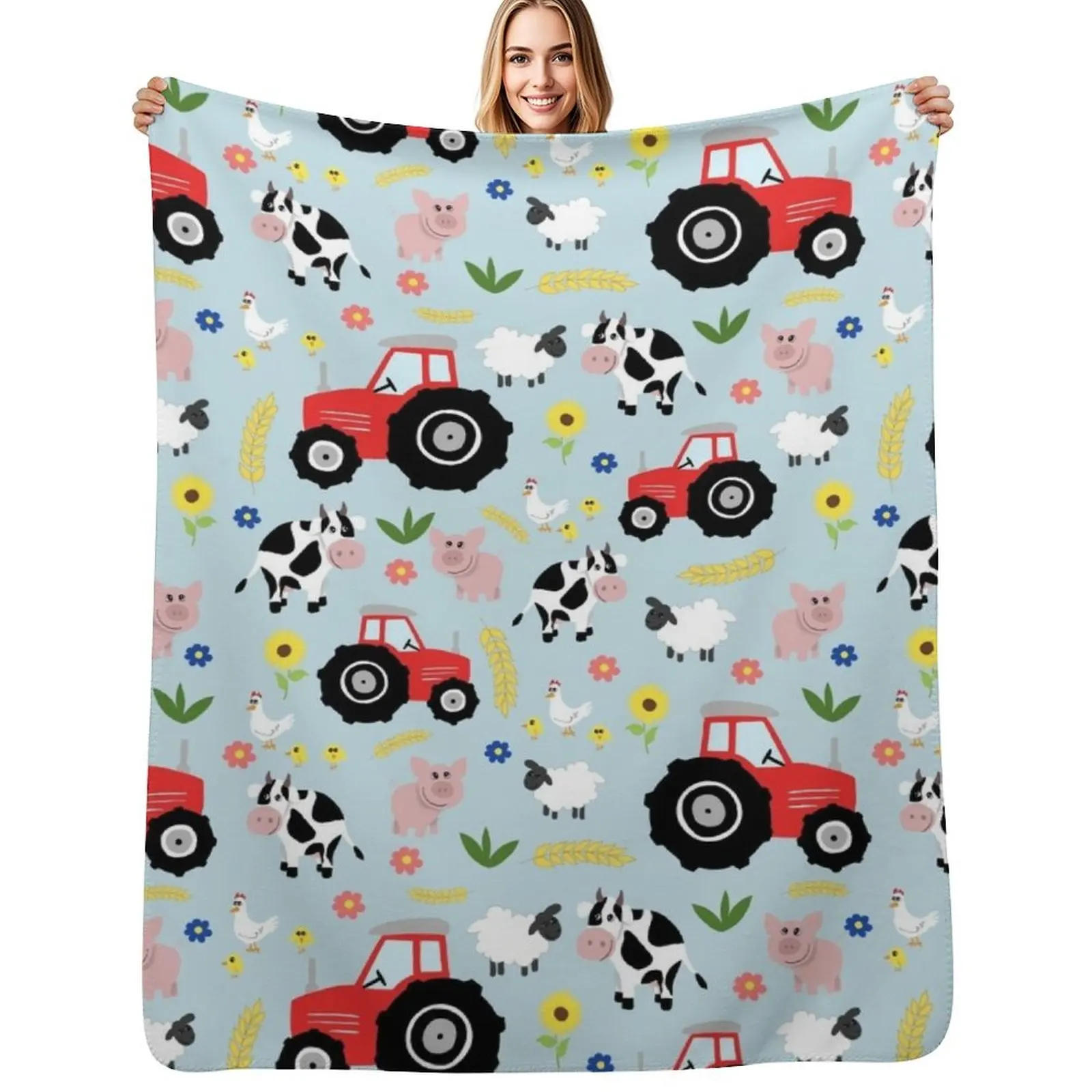 Cute Kids Red Tractor Farm Animal Pattern Cartoon Throw Blanket funny gift anime Thin Bed Large Softest Blankets