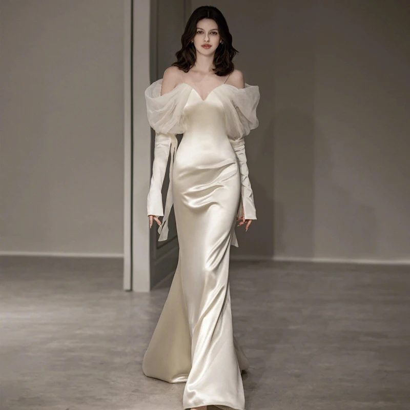 

Элегантное легкое свадебное платье из атласа с длинным рукавом на одно плечо, с шлейфом, вечернее платье для невесты и гостей