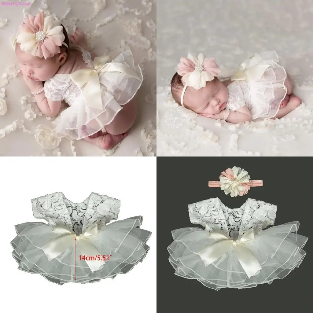 D0JC Baby Photography Props Outfit Lace Bowknot Skirt with Flower Headband