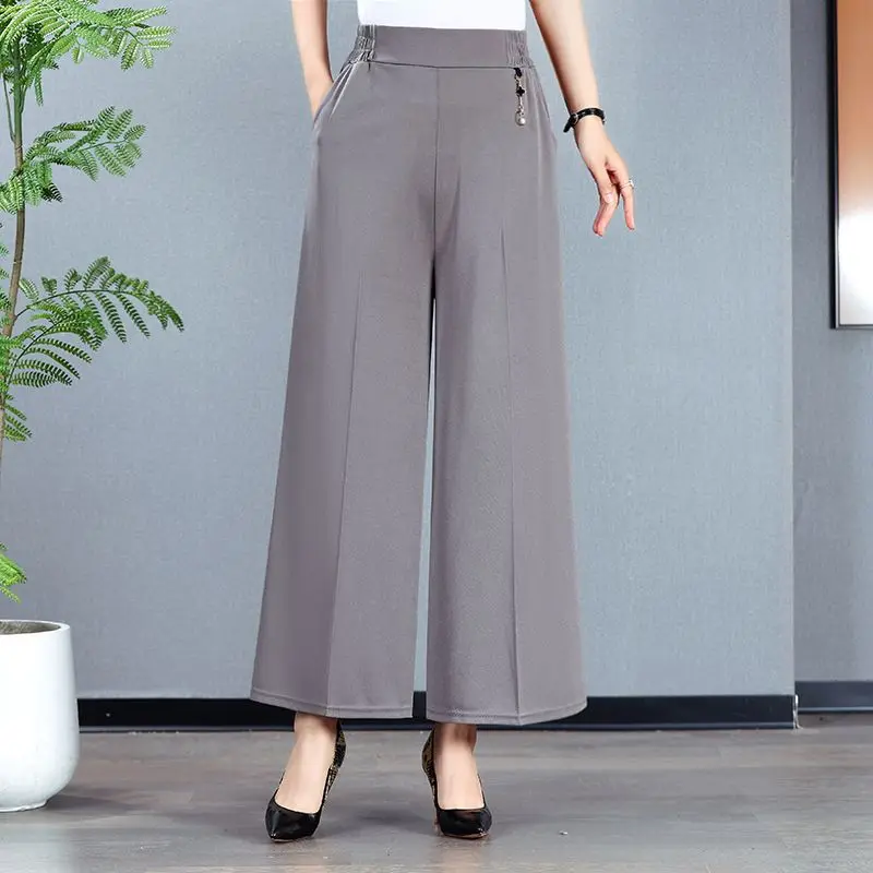 Korean Casual Summer Pants Women\'s Solid Elastic Waist Quick Drying Pockets Fashion High Waist Loose Wide Leg Ankle Trousers