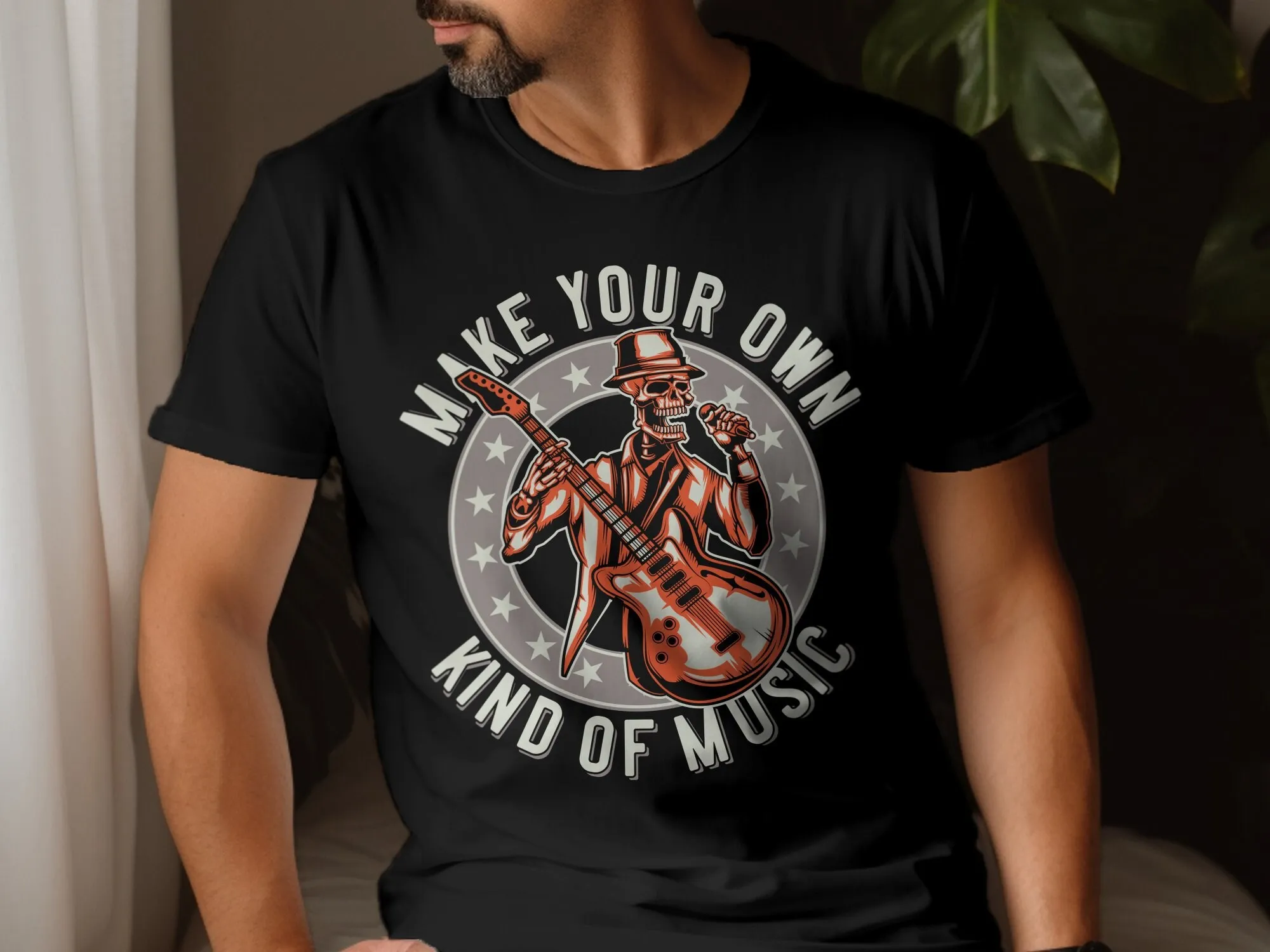 Unique Skeleton Guitarist T Shirt Make Your Own Kind of Music Rocker Style Musician Idea