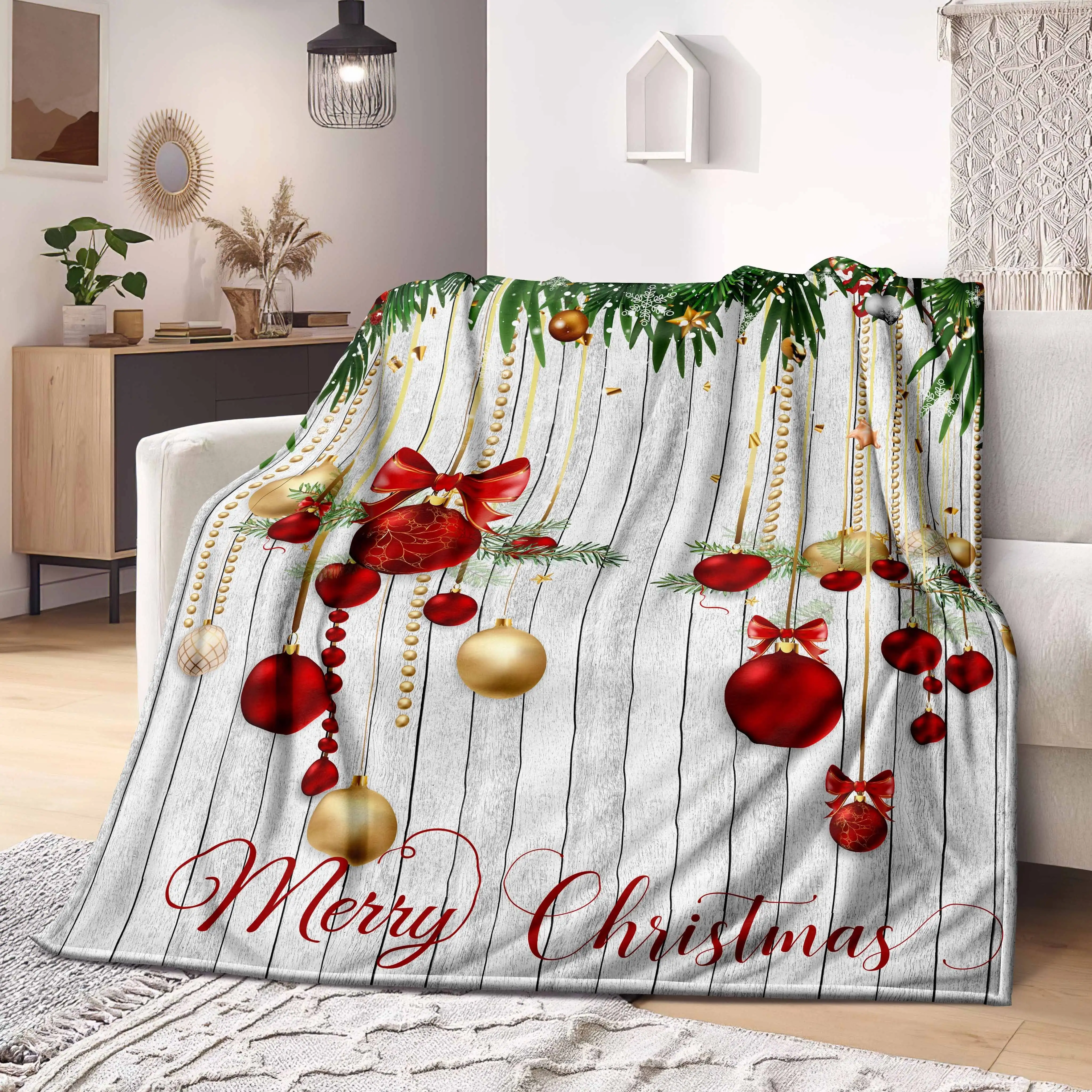 

Extra Large Luxury Glittering Golden Burgundy Red Bow Christmas Blanket Soft Plush Winter Cabin Throw for Sofa Bed or Floor