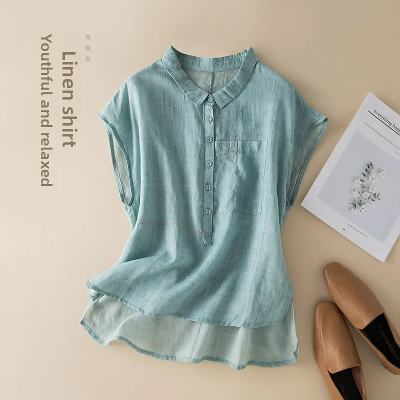 

plus Size Women's Color Shirt Summer Artistic Cotton Linen Thin Casual Sleeveless Top Slimming Collar Small Shirt