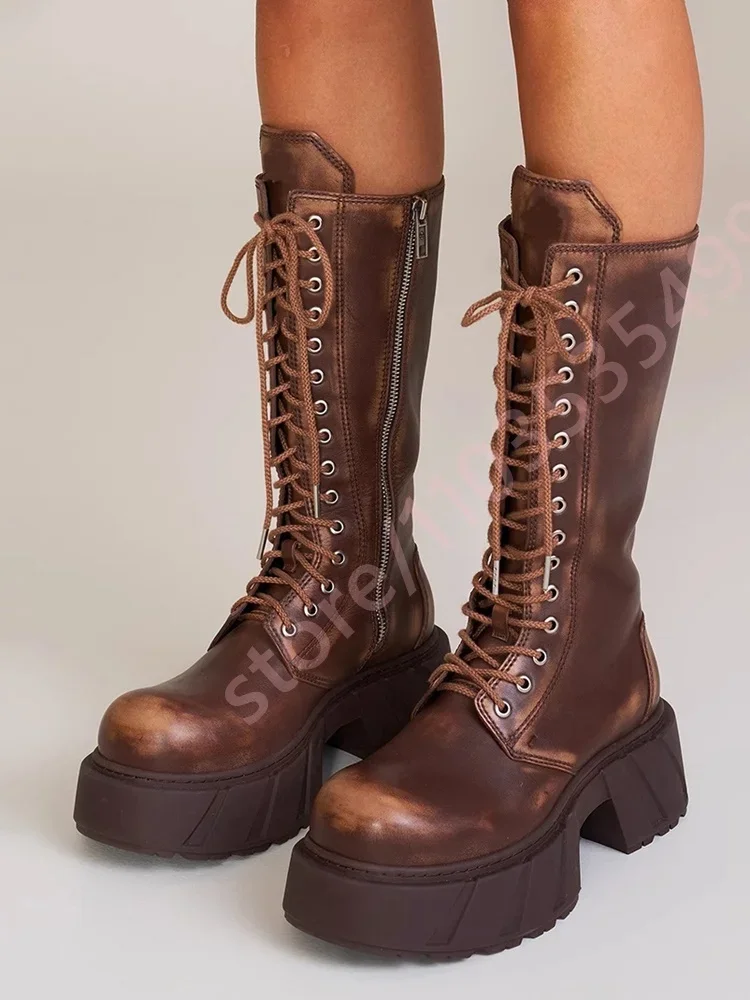2025 Thick Sole Retro British-Style Lace-Up Boots Autumn Women's Round Sports Casual Knight Boots Zipper Chunky Heel Ankle Boot