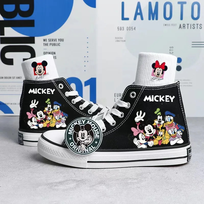 Spring Autumn Cartoon Mickey Minnie Canvas Shoes Hand Drawn Skateboard Shoes for Male Female Students Korean High Top Sneakers