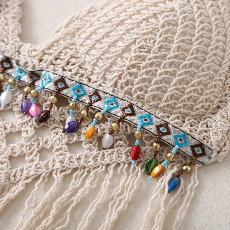 E56A Women Sexy Crochet Halter Bra Crop Top Multicolor Crystal Beaded Tassels Hem Knit Bralette Padded Beach Camisole
