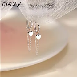 CIAXY Silver Color Heart-shaped Charm Earrings for Women Temperament Tassel Chain Ear Buckle Korean Fashion Jewelry