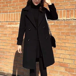 Women Autumn Winter Black Woolen Coat Female Suit Collar Korean Fashion Wool Blend Overcoat Mid Length Add Cotton Warm Jacket