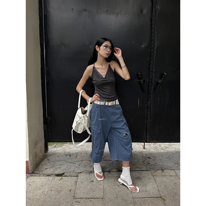 Benuynffy Retro Distressed Ripped Hole Cargo Pants Women 2026 Summer New Multi-pocket Loose Casual Y2k Wide Leg Capri Pants