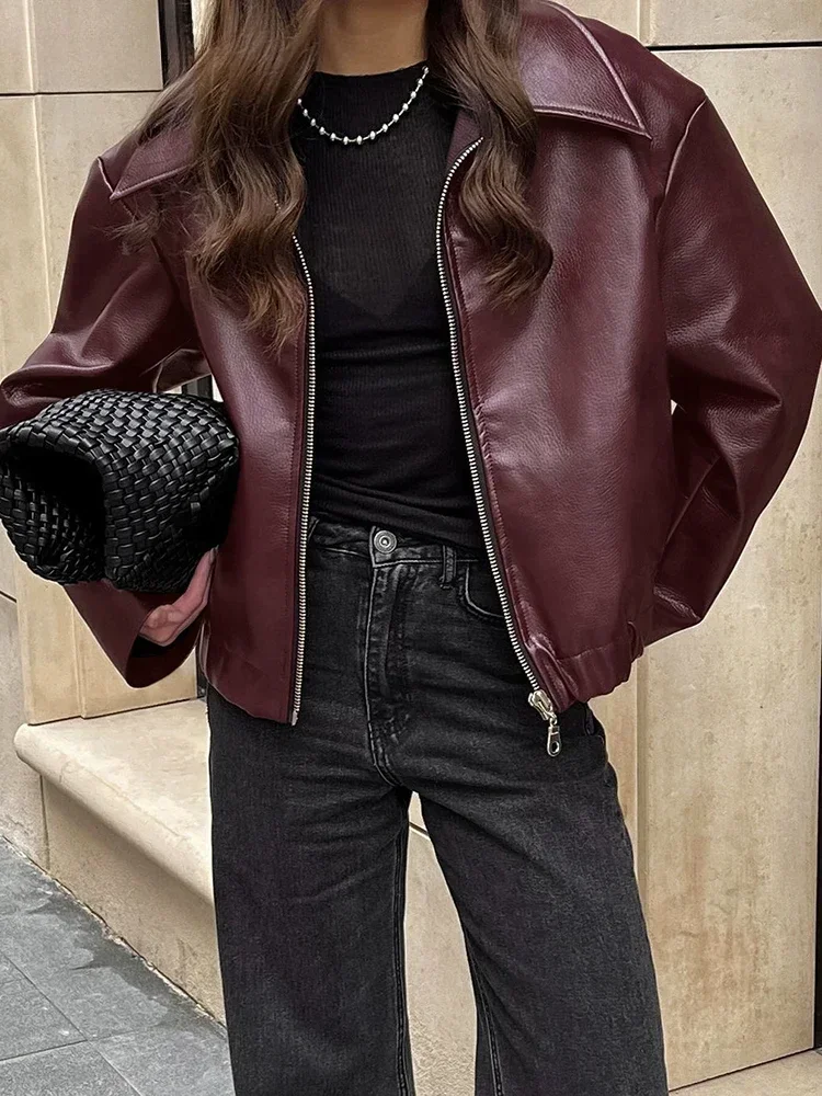 Street Leather Women\' Jacket Wine Red Turn Down Long Sleeve Pu Female Coats 2024 Vintage Pocket Zipper Motorcycle Lady Outwears