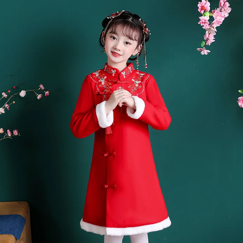 Girls Winter New Thick New Year Greeting Retro Tassel Qipao Chinese Style Embroidery Hanfu Evening Performance Princess Vestido