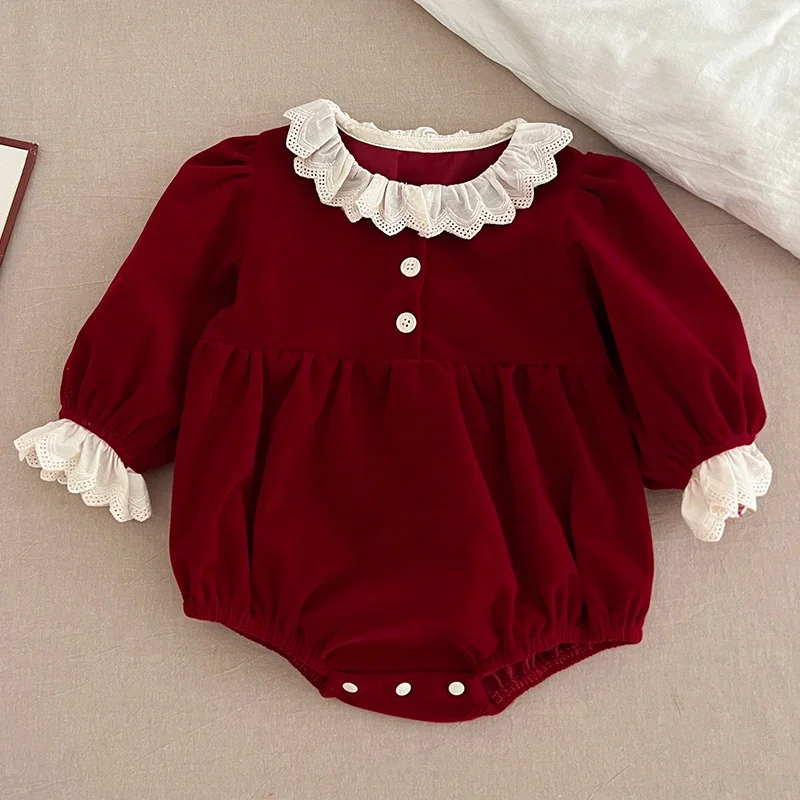 Christmas Baby Girls Outfit Romper Lace collar Jumpsuit New Years Red Playsuit Xmas Pullover Bodysuits Fall Winter Child Clothes