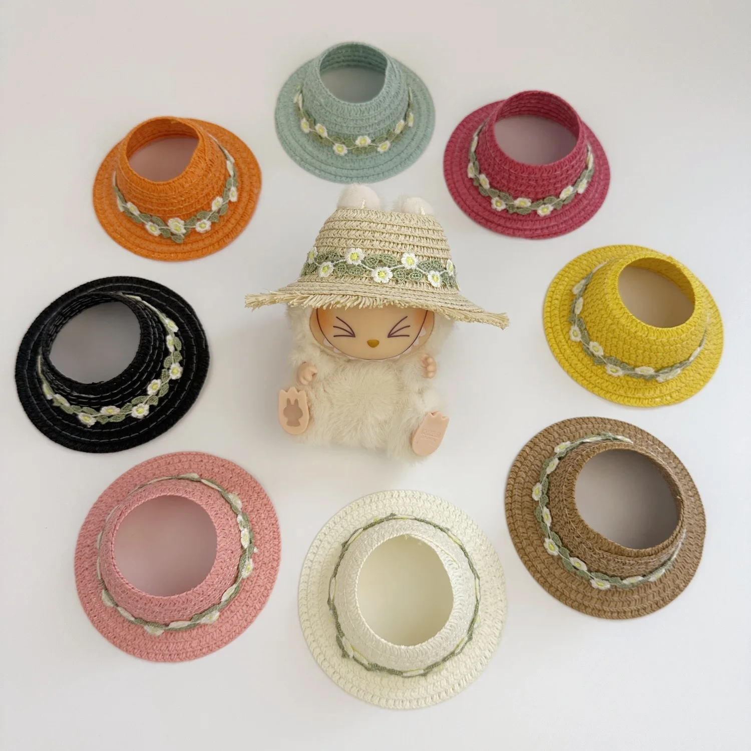 

Clothes Accessories For Labubu 15 Cm 17 Cm Dolls 1st To 3rd Generation Flower Green Straw Hat Seaside Vacation Style Hat