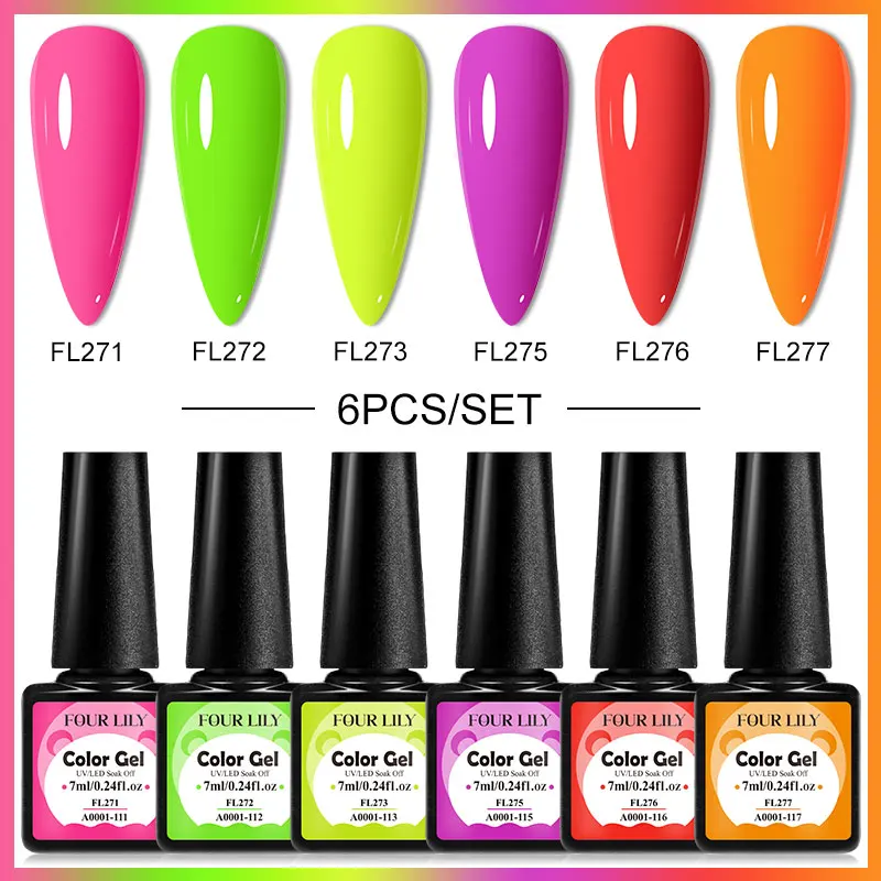 FOUR LILY 6-teiliger bunter Gel-Nagellack, rosa, rot, Macaron, Neon, langlebig, UV-LED-Gel-Nagelkunst-Lack-Set für Nägel, Maniküre