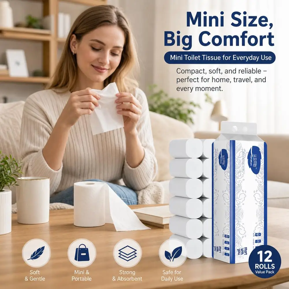 Mini Toilet Paper Roll Roll Paper Affordable Packaging Household Wood Pulp Tissue Roll Paper Coreless Toilet Paper 12 Rolls