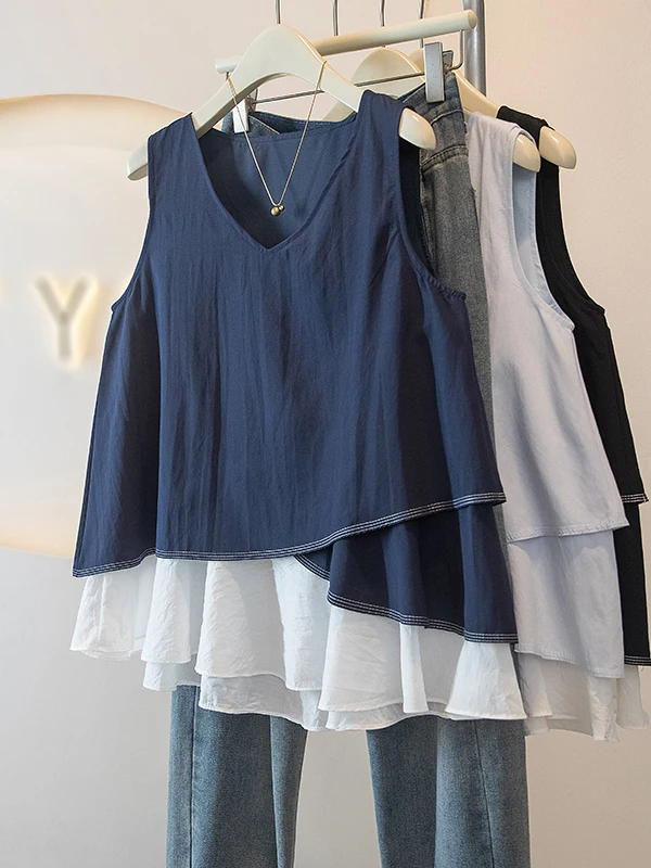 

Korean Style Gentle Fake Two-Piece V-Neck Sleeveless Vest Women Summer Design Sensation Small Color Block Slimming Top