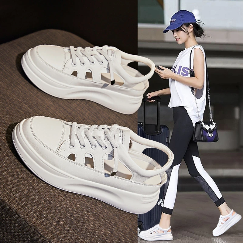 

Hollow Out Breathable White Platform Sneakers New Spring Korean Style All Match Slip On Thick Sole Height Increasing Casual