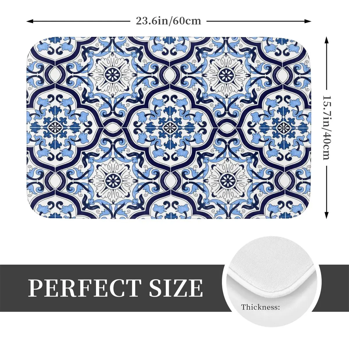 Blue Ornate Floral Mediterranean Sicilian Tile Doormat Kitchen Entrance Home Floor Mat Non-slip Carpet Rug for Bedroom Footpad