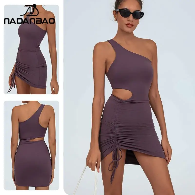 

Nadanbao Sexy Hollowed Shoulder Tennis Dress Women's High Elastic Drawstring Bodycon Dresses Quick-Drying Sports Fitness Clothes