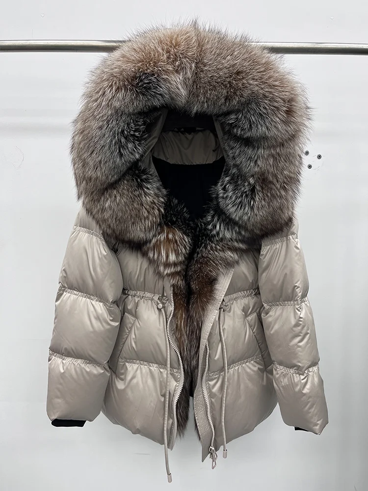 Inverno real gola de pele de raposa com capuz grosso ganso para baixo jaqueta natural casaco feminino outwear luxo quente rússia puffer jaquetas