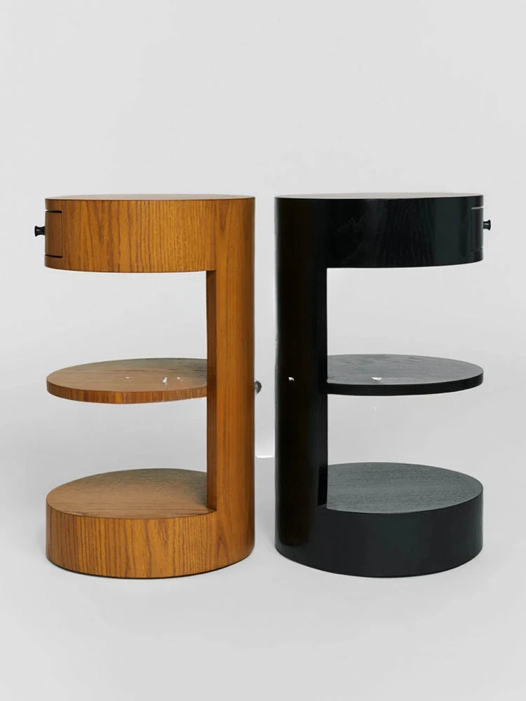 

Retro Round Walnut Color Bedside Table Designer Model Solid Wood Corner Table Simple Storage Locker