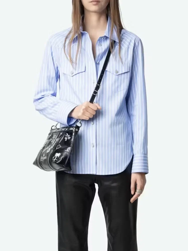 

Blue Striped Women's 100% Cotton Blouse 2025 New Turn-down Collar Single Breasted Long Sleeve Casual Ladies Shirt