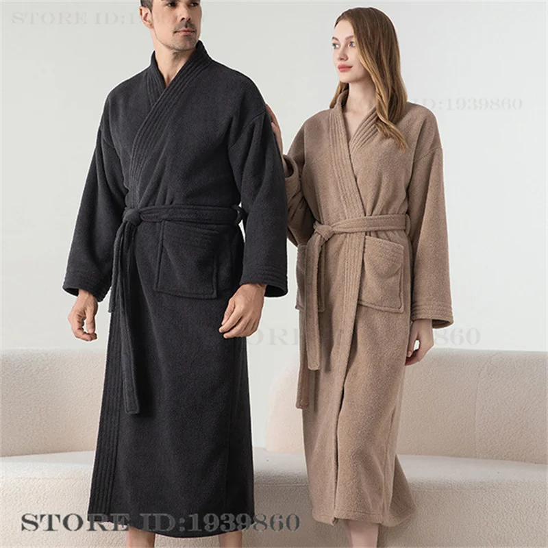 Albornoz Kimono largo de franela gruesa para hombre, ropa de dormir informal, cálida, Coral de lana de ropa de dormir, ropa de estar por casa para pareja, Invierno