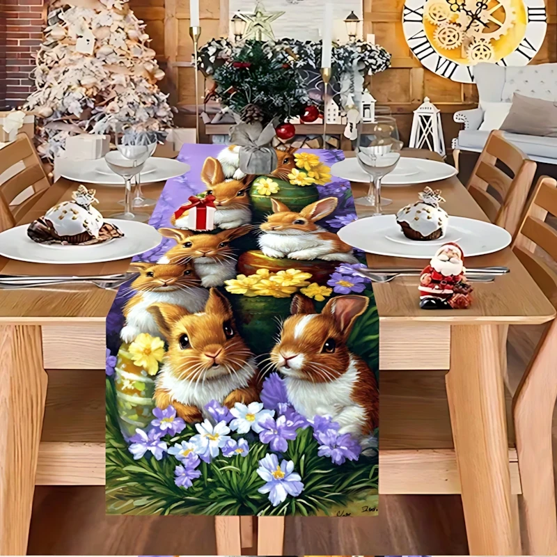 1Pc Easter Bunny Floral Table Runner Oil Painting Style Cute Rabbit Floral Tablecloth Festive Party Atmosphere Decorative Tablecloth
