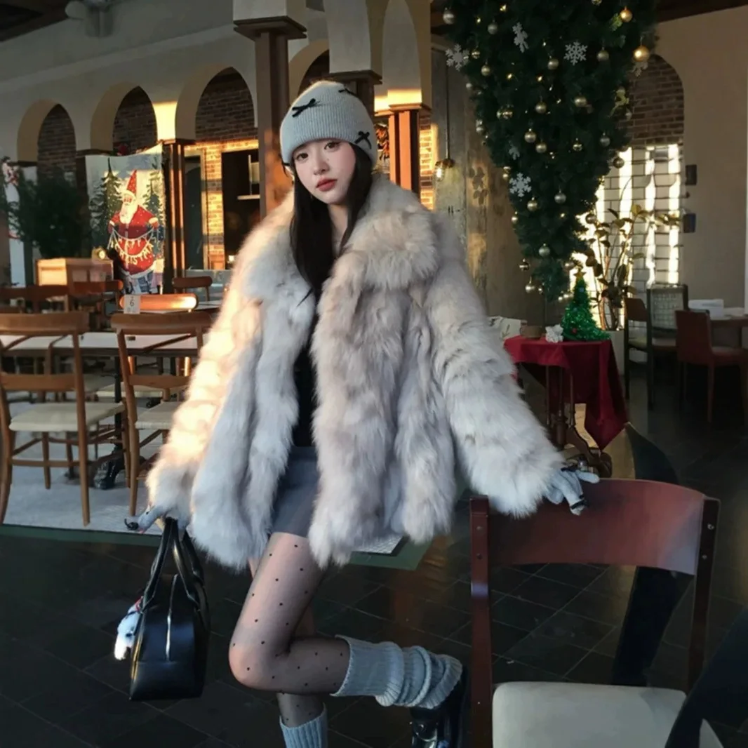 Outono inverno oversized solto casual luxo macio grosso quente peludo falso casaco de pele de raposa feminino manga longa jaqueta fofa