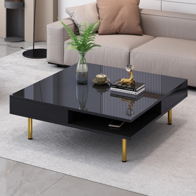 ON-TREND Exquisite High Gloss Coffee Table with 4 Golden Legs and 2 Small Drawers, 2-Tier Square Center Table, Black