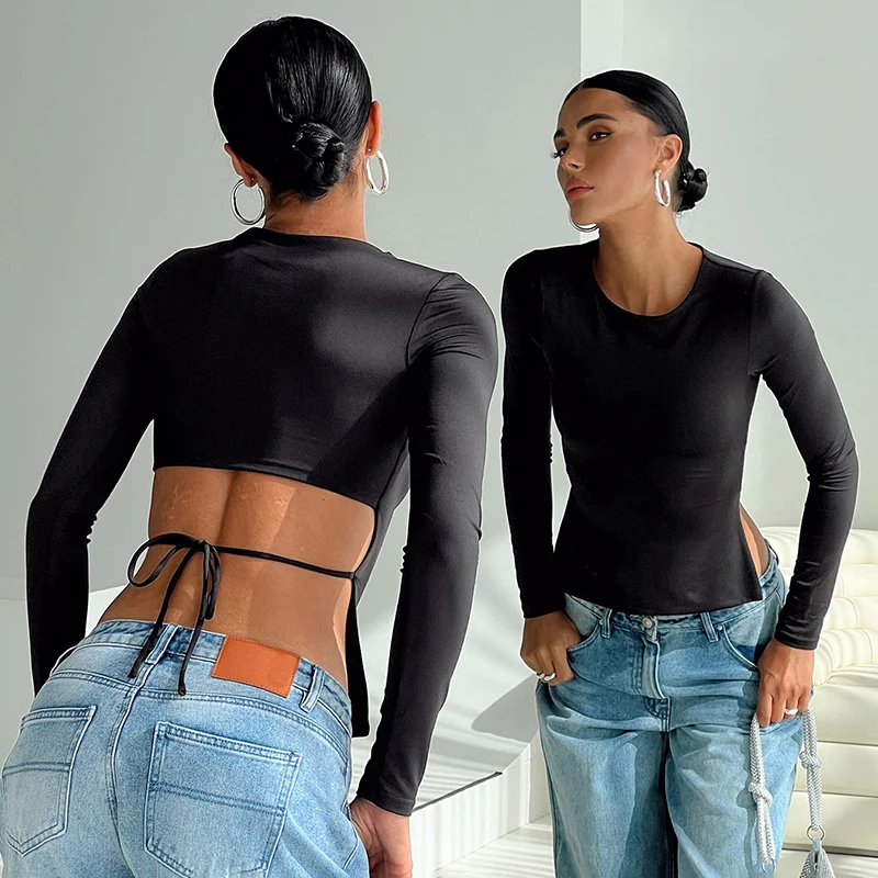 

Весенне-осенняя новая футболка INS с длинными рукавами и короткими бретелями спереди, длинными и сзади, приталенная базовая рубашка, уличная маленькая рубашка 221