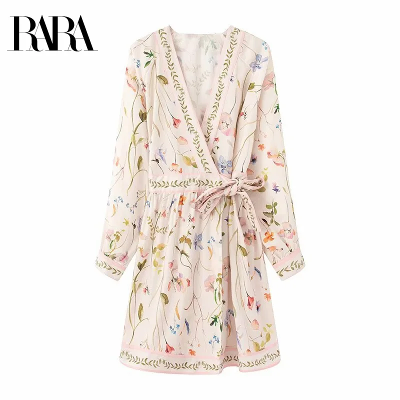 

2025RARA Summer New Casual Fashion Simple V-neck Waist Slimming Wrap-around Lazy French Women's Mid-length Dress