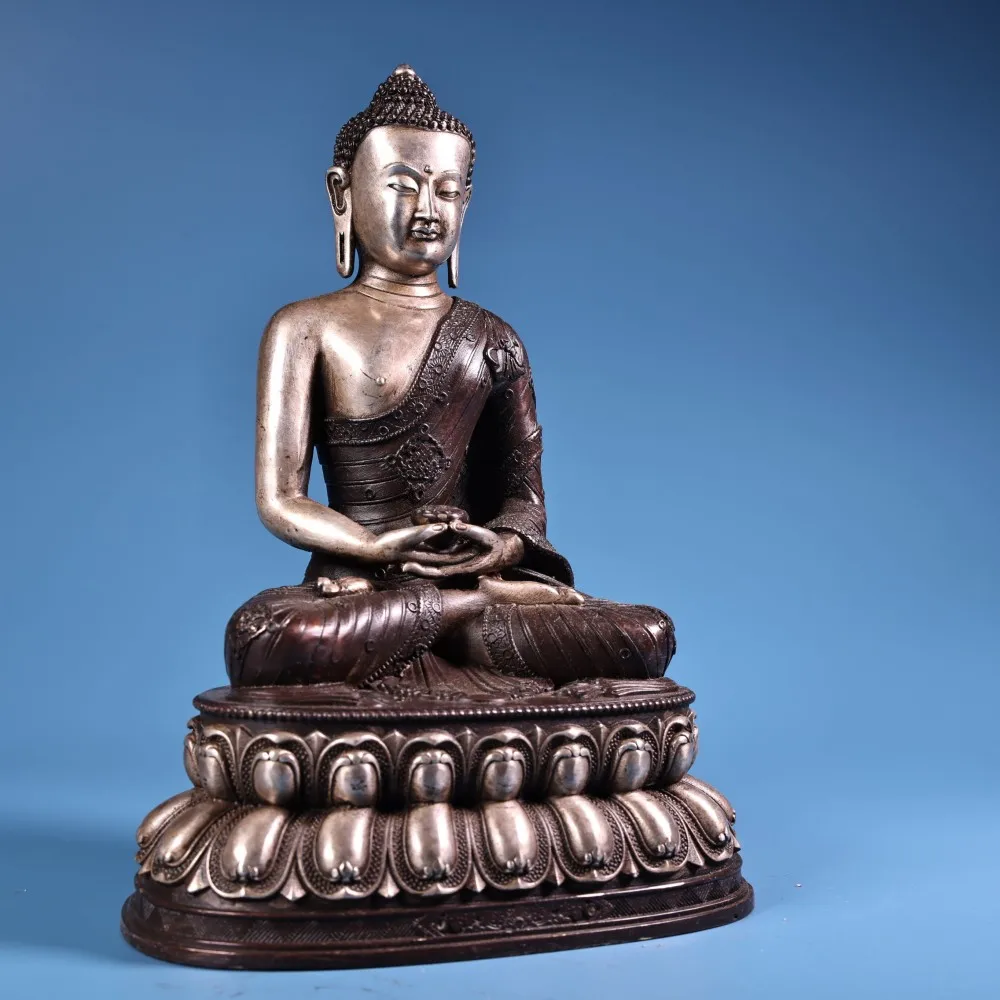 Nepal Pure Copper Amitayus Buddha Statue High Relief Silver Plated Home Altar Decor Collectible