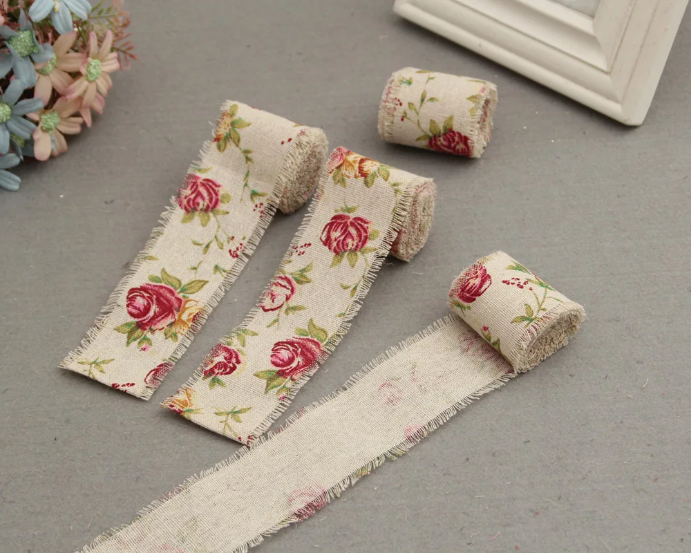 Rose Printed Jute Cloth Roll Hemp DIY Weedding Birthday Gift Strap Apparel  Sewing Pulled Flower Rope Linen Volume Burlap Ribbon