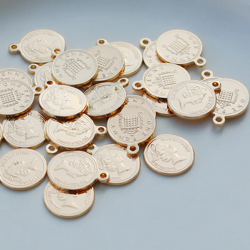 14K Copper Gold Plated Queen Portrait Coin Round Pendant 14mm DIY Charms For Bracelet Necklace Earring Jewelry Making