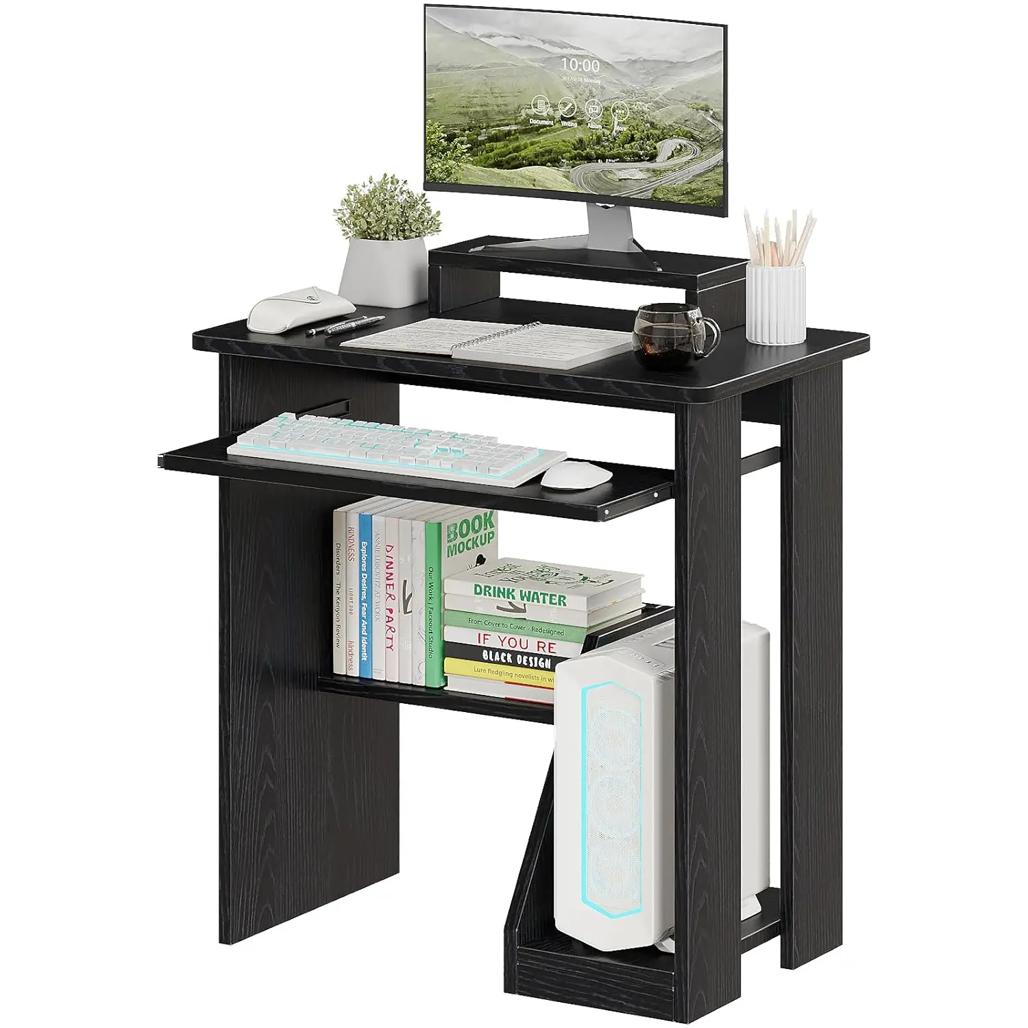 

Компактный компьютерный стол 30 дюймов с выдвижной полкой для клавиатуры, подставкой для монитора и полками для хранения, современная рабочая станция для небольших помещений, черный, на заказ