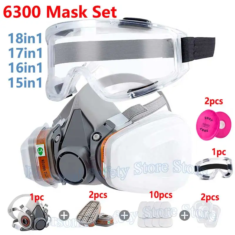 6300 Gas Mask Half-face Dust Shield Anti-fog Safety Goggles 6001 Cartridges Safety Respirator Mask Industrial Labor Paint Spray