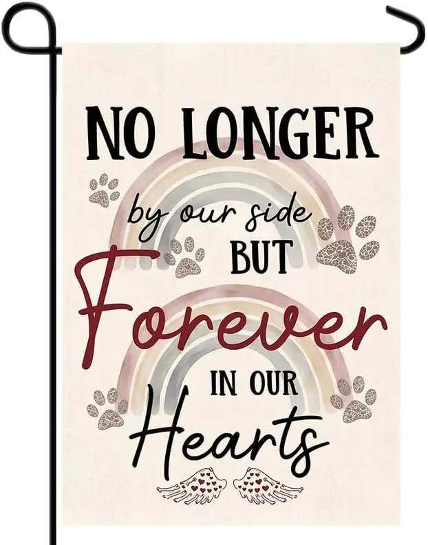 Personalized Pet Loss Garden Flag Custom Double Sided, No Longer By Our Side Forever In Our Hearts Dog Cat Memorial Yard Fla kkz
