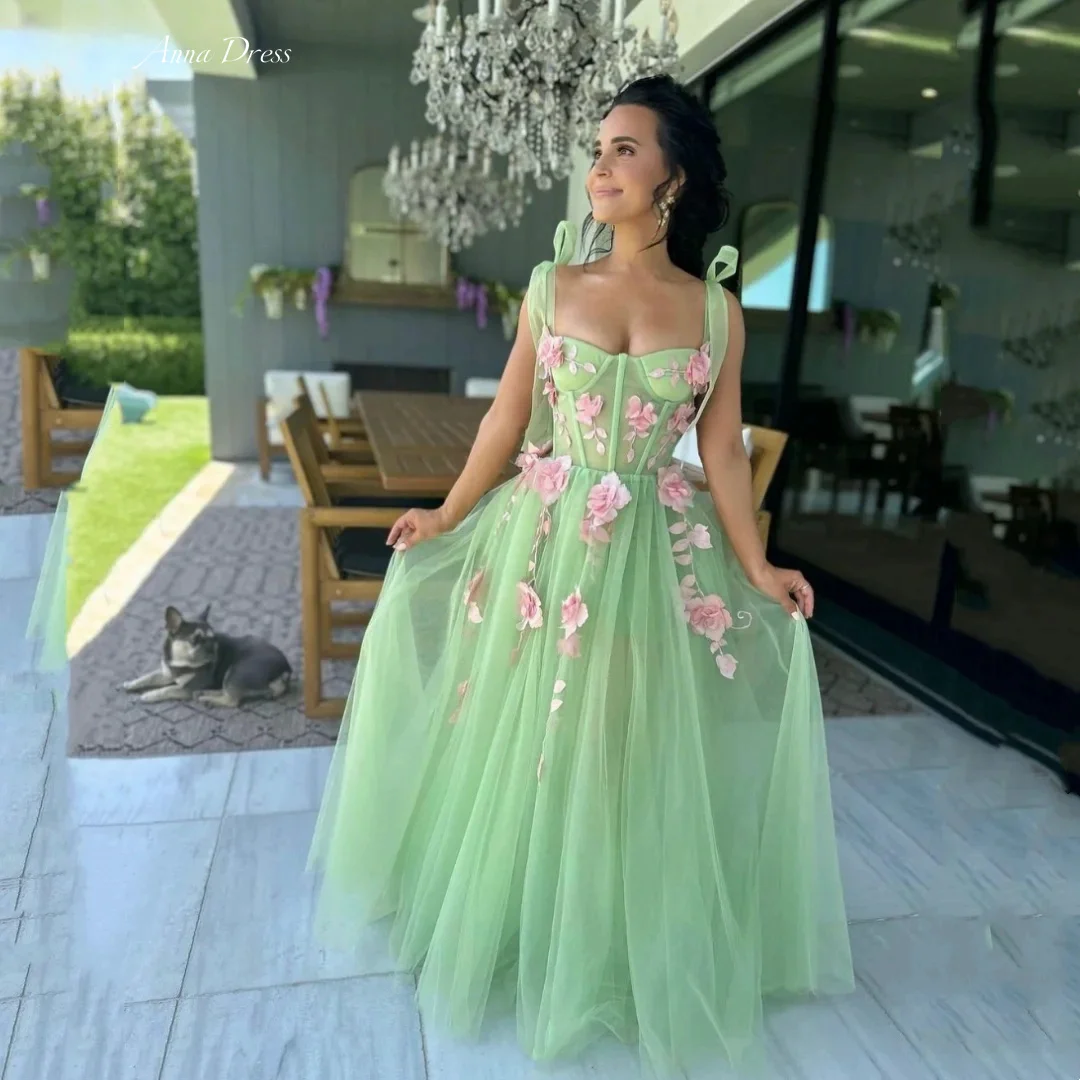 

Anna Spaghetti Straps Prom Dresses 2024 Women Line A Evening Gown Flowers Gauze Gala Dress Woman Simple and Elegant Formal Dress