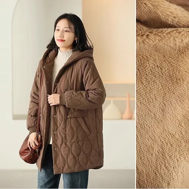 Vefadisa 2024 Autumn Winter New Khaki Women Parkas Coat Hooded Long Sleeved Fleece Thickened Mid-length Parkas Coat ZXY1203A