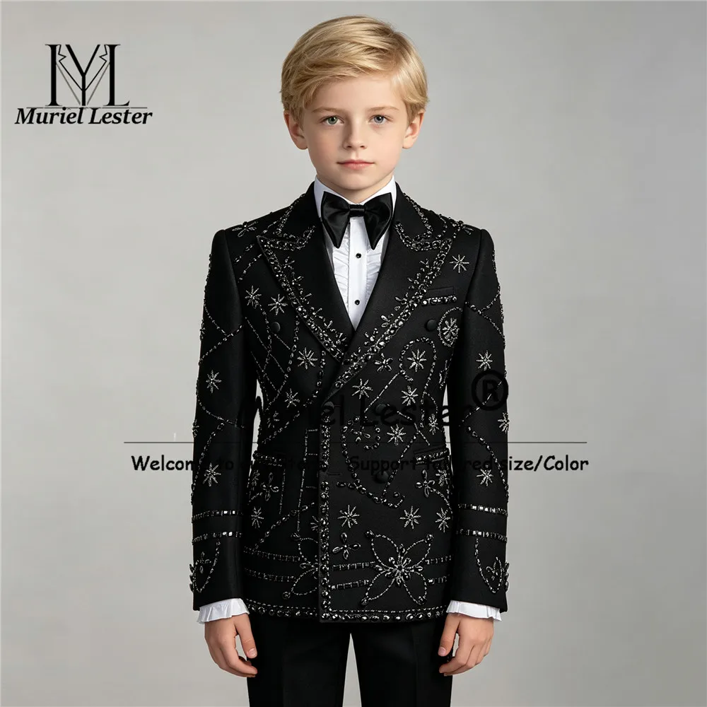 Luxury Boy's Suit Formal Wear Black Diamond Beaded Jacket Pants 2 Piece Sets Children Wedding Tuxedo Customized Kids Clothing