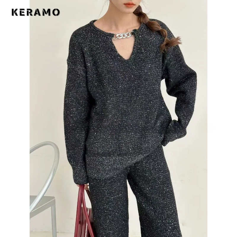 

Luxury Fashion Casual Two-piece Set Women Holllow Out Long Sleeve Top + Solid Trousers Sets Lady Shinning Chic Pants Suits