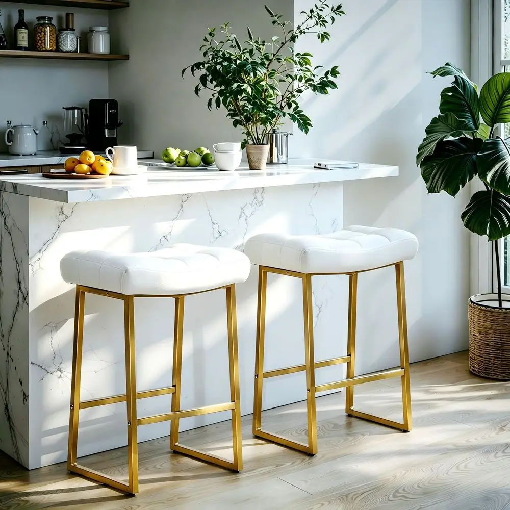 

White amp Gold Counter Height Bar Stools Set of 2 for Kitchen Counter Backless Kitchen Island Barstools with Upholstered Faux L