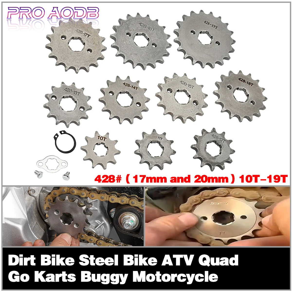 

Front Engine 428# 10T 11T 12T 13T 14T 15T 16T 17T 18T 19T Teeth 17MM 20MM Chain Sprocket With Retainer Plate Locker