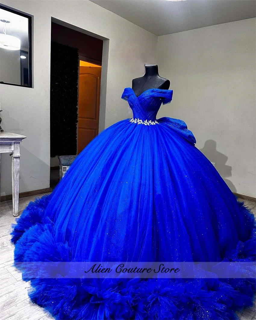 Shining Royal Blue Quinceanera Dress 2024 Ball Gown Ruffles Beads Diamonds With Bow Sweet 16 Vestidos De 15 Años  Customized