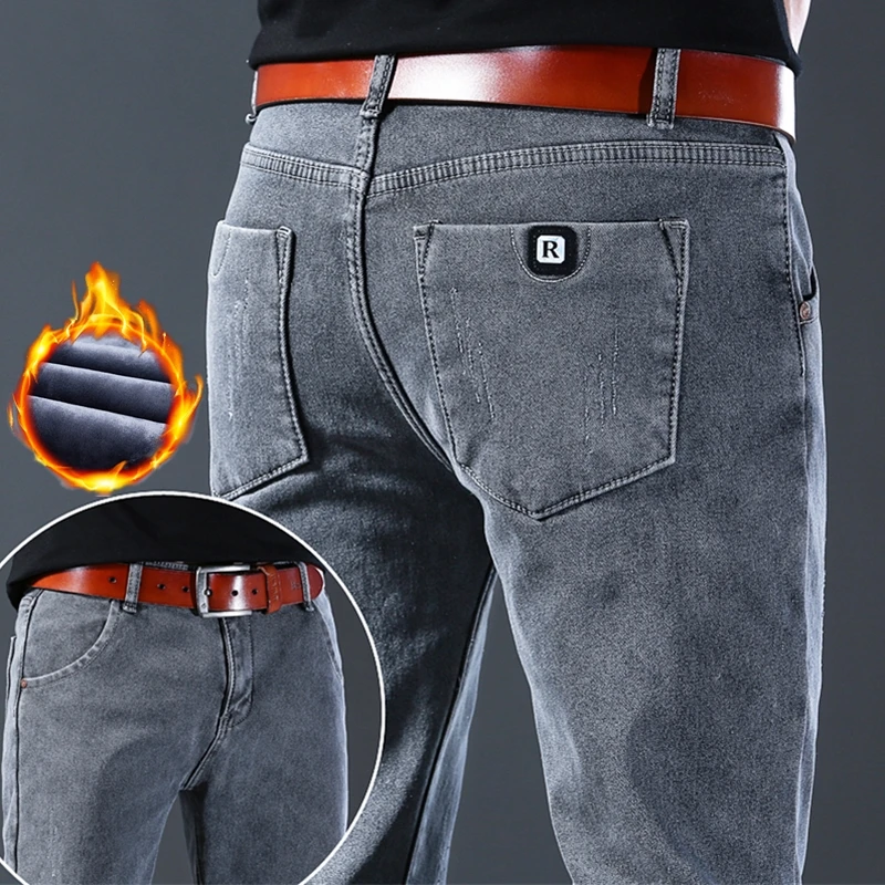 Winter Warm Fleece Men's Retro Gray Jeans Cotton Slim Straight Elastic Business Denim Pants Thick Trouser Male Skinny Streetwear