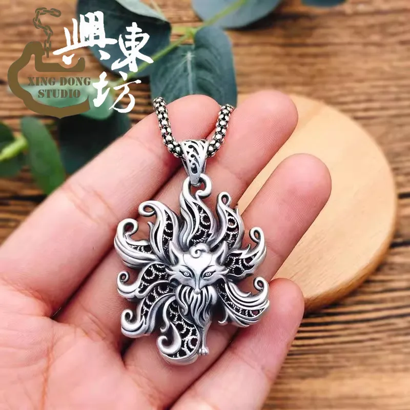 Original Real  Nine tail Fox Spirit Fox retro S999 sterling silver long sweater chain necklace pendant lanyard Ornament